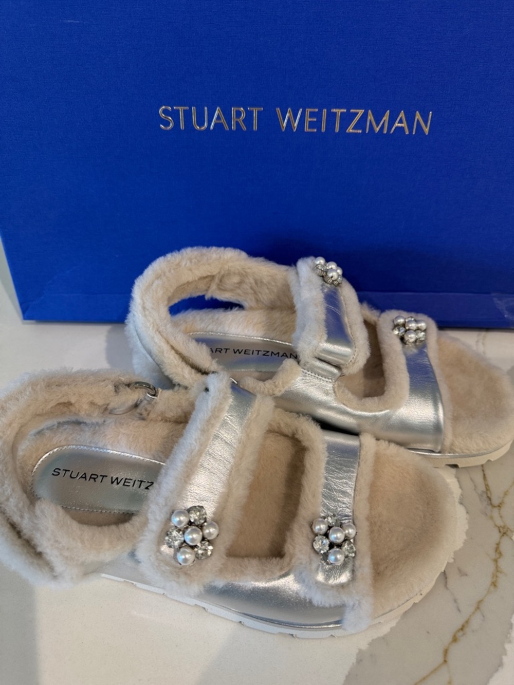 Stuart Weitzman Silver Shearling Embellished Slide Sandals 7